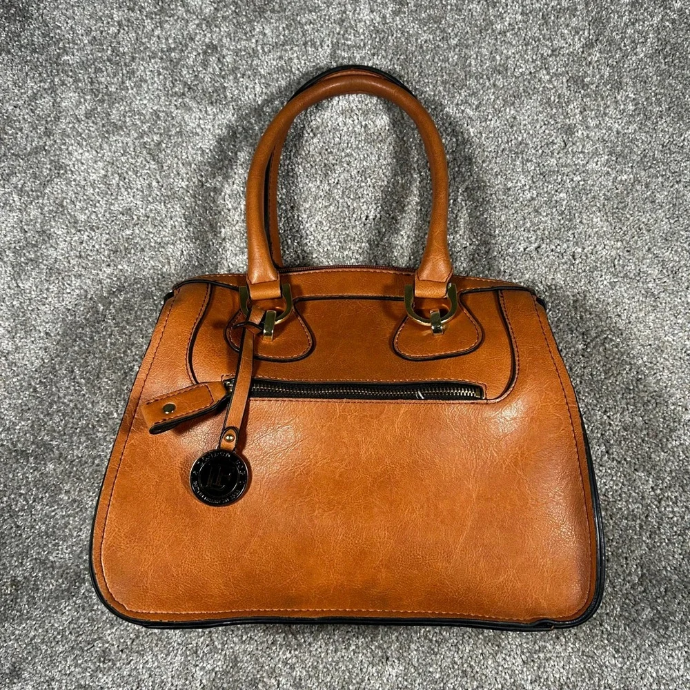 London Fog Brown Faux Leather Satchel Handbag Gold Hardware Cognac Tote Bag